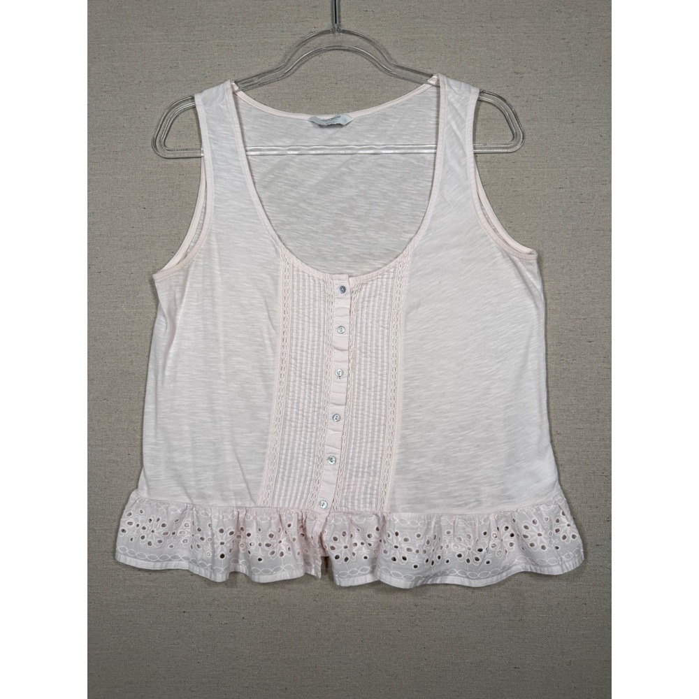 Lucky Brand Pink Eyelet Ruffle Tank Top Pintuck Button Front Cotton Small